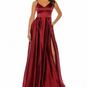 B. Darlin Juniors’ Red Burgundy Satin V-neck Maxi Dress Gown Split Leg Size 7/8